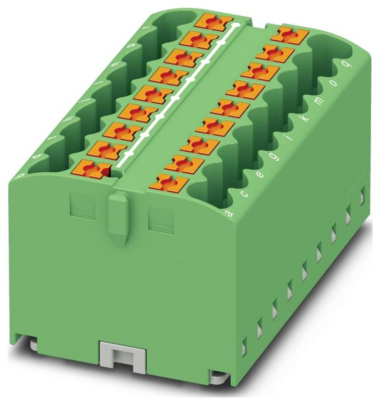 Ein schwarzer Klemmblock mit orangefarbenen Steckanschlüssen, angeordnet in zwei parallelen Reihen, verwendet für Elektroinstallationsanwendungen.