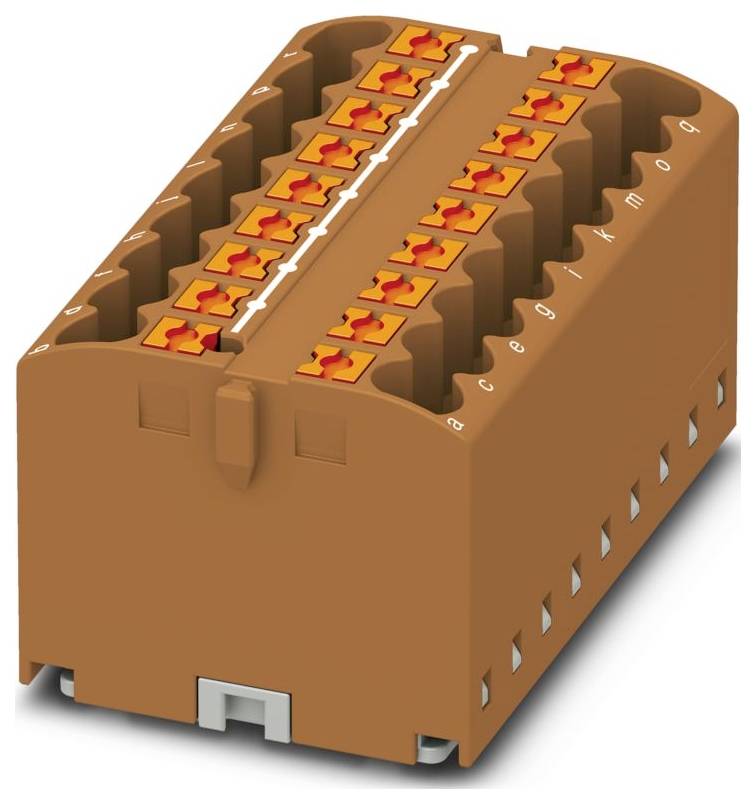 Ein braunes mehrstufiges Klemmenbrett mit orangefarbigen Hebelsteckern, das für elektrische Verdrahtungsverbindungen in industriellen Anwendungen verwendet wird.