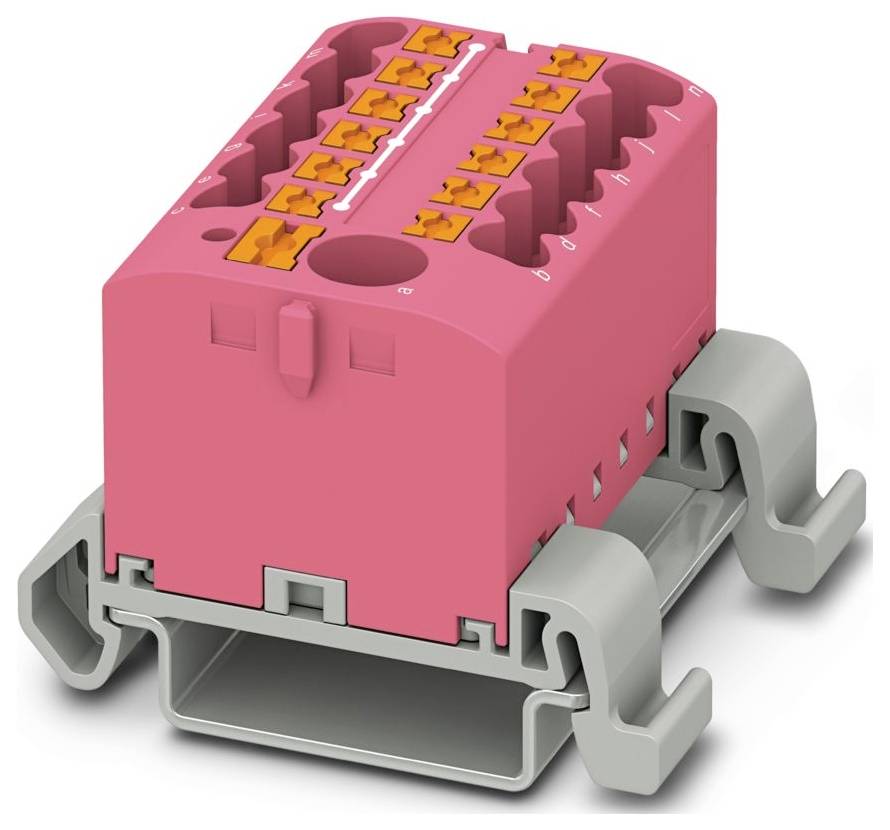 Ein rosa Steckverbinder-Block mit orange farbigen Hebelsteckern oben, montiert auf einer grauen Basis. Konzipiert für die Befestigung und Verwaltung von Drähten.