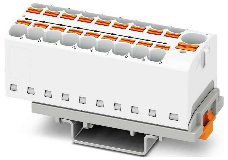 Ein weißer Klemmenblock mit mehreren orangefarbenen Steckverbindern, der für die elektrische Verdrahtung verwendet wird und auf einer grauen DIN-Schiene installiert ist.