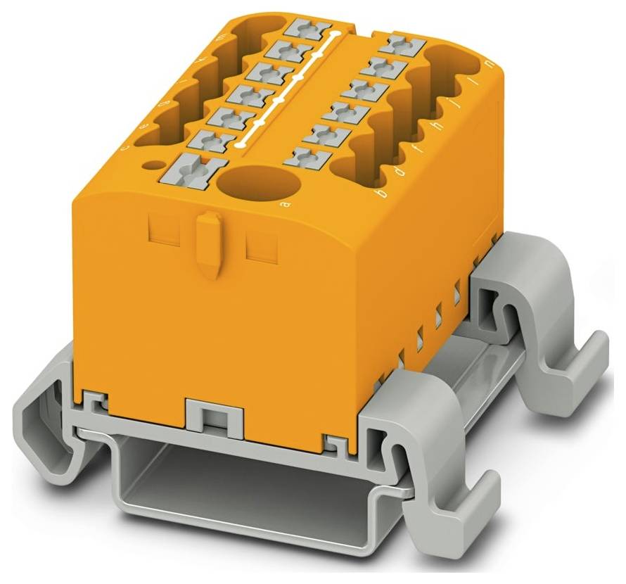 Ein orangefarbener und grauer modularer Steckverbinder mit mehreren Anschlüssen zum Verdrahten, der zum Befestigen an einer DIN-Schiene in elektrischen Installationen vorgesehen ist.