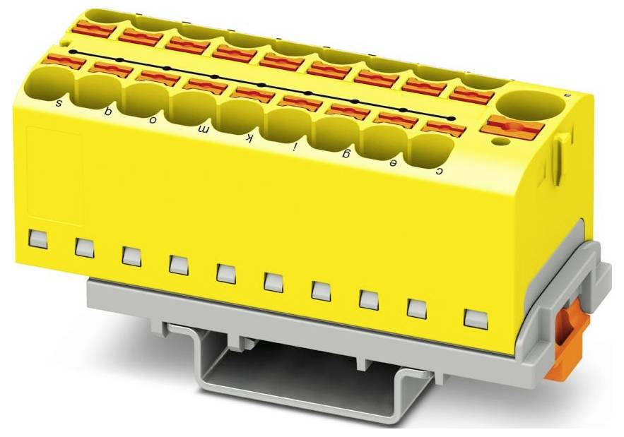 Ein gelber Anschlussblock mit nummerierten Anschlüssen und orangefarbenen Hebeln für elektrische Verbindungen, montiert auf einer grauen Basis.