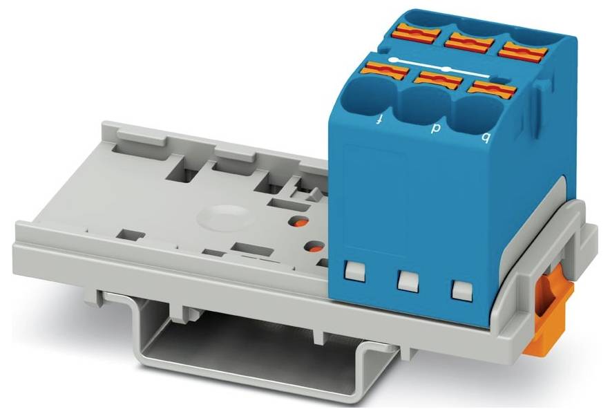Ein blauer und grauer Elektrostecker mit orangefarbenen Verriegelungsmechanismen ist an einer grauen Halterung befestigt und zeigt Öffnungen für die Verkabelung.