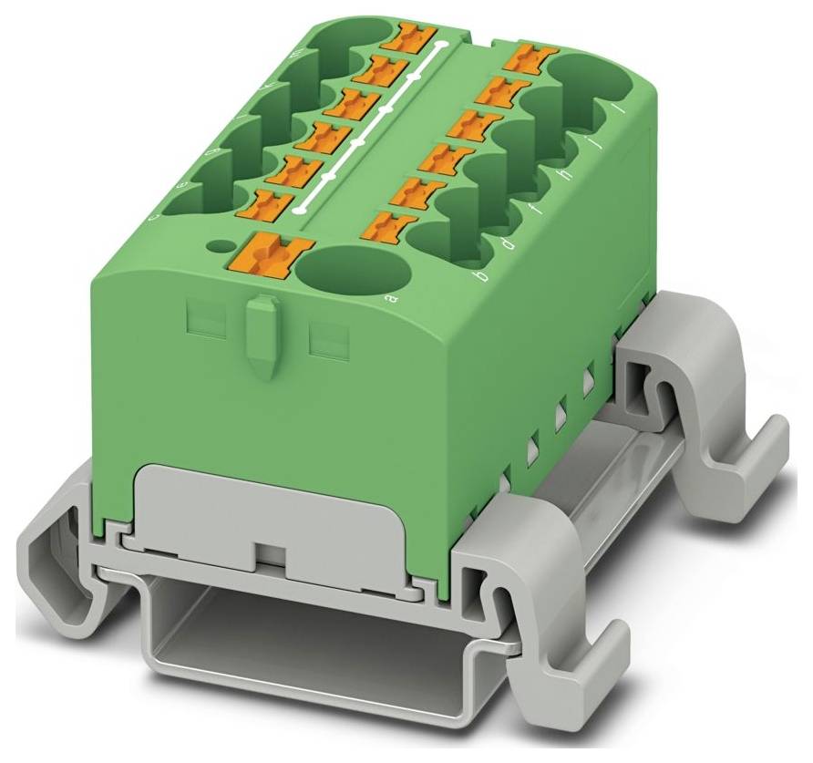 Ein grüner Klemmblock mit orangefarbigen Betätigungselementen, konzipiert für die Montage auf einer Schiene, verwendet für elektrische Verbindungen in industriellen Anwendungen.
