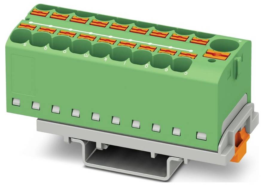 Ein grünes und orangefarbenes elektrisches Klemmleistenblock mit mehreren Anschllusspunkten, montiert auf einem Schienenbefestiger, verwendet für die Verdrahtungsverwaltung.