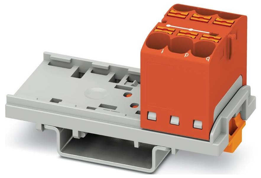 Ein orange-grauer Elektroklemmenblock mit mehreren Anschllusspunkten auf einer Montagebasis, der zur Verdrahtung und Schaltungsverwaltung verwendet wird.