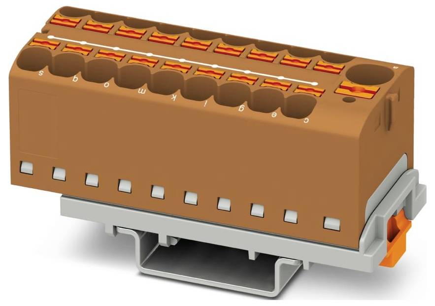 Orange-brauner Elektrostecker mit mehreren Schlitzen für Drahtverbindungen, montiert auf grauer Basis. Entwickelt für eine einfache Installation.