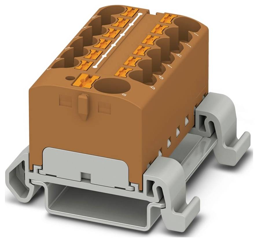 Ein braunes und graues Elektroklemmenblöck mit gekennzeichneten Anschlüssen und orangefarbenen Hebeln zum Befestigen von Leitungen.