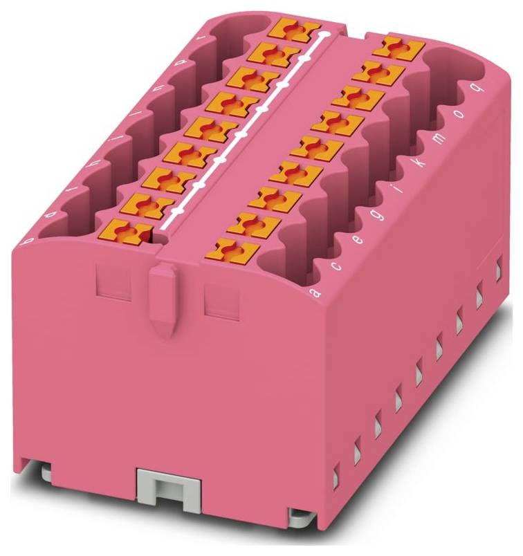 Ein rotes elektronisches Anschlussblöck mit mehreren Schlitzen und nummerierten Etiketten, das zur Organisierten von Verkabelung in elektrischen Anlagen verwendet wird.