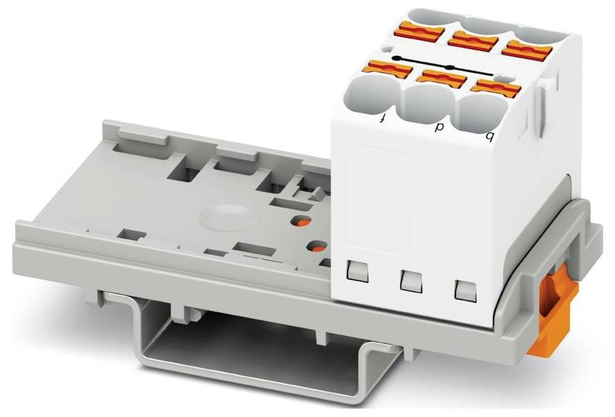 Ein grau-weißer Elektrostecker mit orangefarbenen Hebeln, der für Verkabelungsanwendungen verwendet wird und auf einer schmalen, rechteckigen Basis montiert ist.