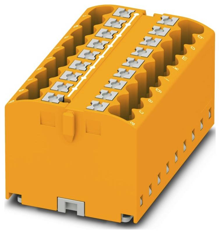 Ein orangefarbener Klemmleistenblock mit mehreren Anschlußpunkten, der zur Befestigung von Elektrokabeln in kompakter Anordnung verwendet wird.