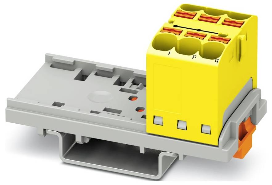 Ein gelbes Elektroklemmenblock-Modul auf einem grauen DIN-Schienträger montiert, mit mehreren Anschllusspunkten und orangefarbenen Druckknöpfen.