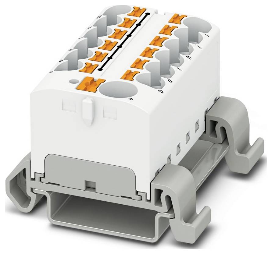 Ein weißes und graues Elektroklemmenleistenblock mit mehreren orangefarbenen Hebelverbindungen ist auf einer Schiene montiert.