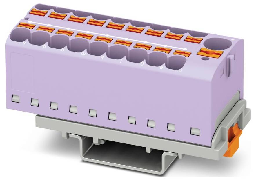 Ein lila modularer Klemmblock mit orangefarbenen Hebeln, ausgestattet mit zehn Anschlüssen mit den Bezeichnungen a-j und einer Montagebasis darunter.