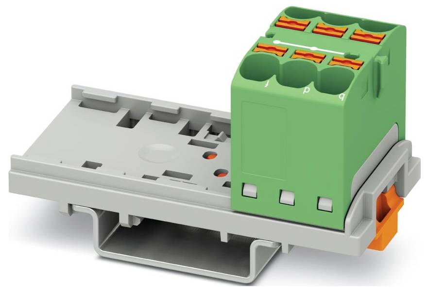 Ein grüner Elektrostecker mit einem orangen Hebel und vier kreisförmigen Schlitzen ist auf einer grauen Basis montiert und wird wahrscheinlich für Verdrahtungsverbindungen verwendet.