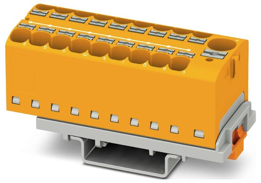 Oranges Klemmenbloc mit mehreren Anschllusspunkten und einer grauen Montagebasis, verwendet für die Verdrahtung in elektrischen Installationen.