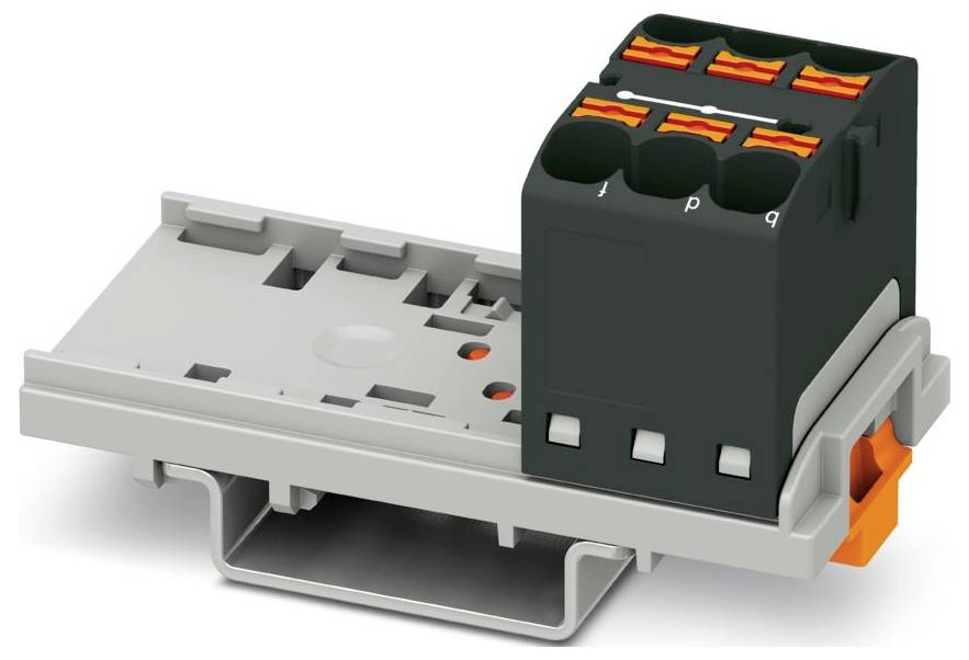 Eine grau-schwarze elektrische Komponente mit orangefarbenen Anschlüssen, die für Verdrahtungsanwendungen verwendet wird und auf einer Kunststoffbasis montiert ist.