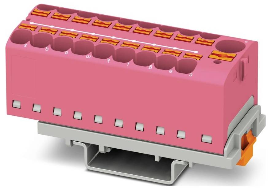 Ein rosafarbenes kompaktes Klemmblock mit orangefarbenen Klips, das für elektrische Verbindungen verwendet wird, auf einem grauen DIN-Schienenstecker montiert.