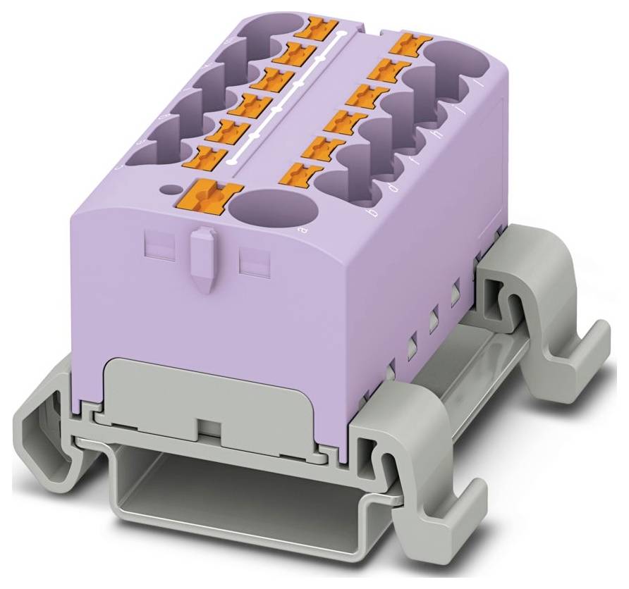 Ein violettes und graues modulares Klemmenblock mit mehreren orangefarbenen Klemmhebeln, verwendet für elektrische Verbindungen in industriellen Anlagen.
