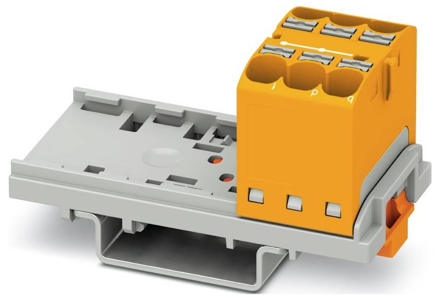 Ein orangefarbenes und graues Klemmleistenblock mit vier Anschlüssen, auf einer Basis montiert, wird zum Verbinden von Drähten in elektrischen Stromkreisen verwendet.