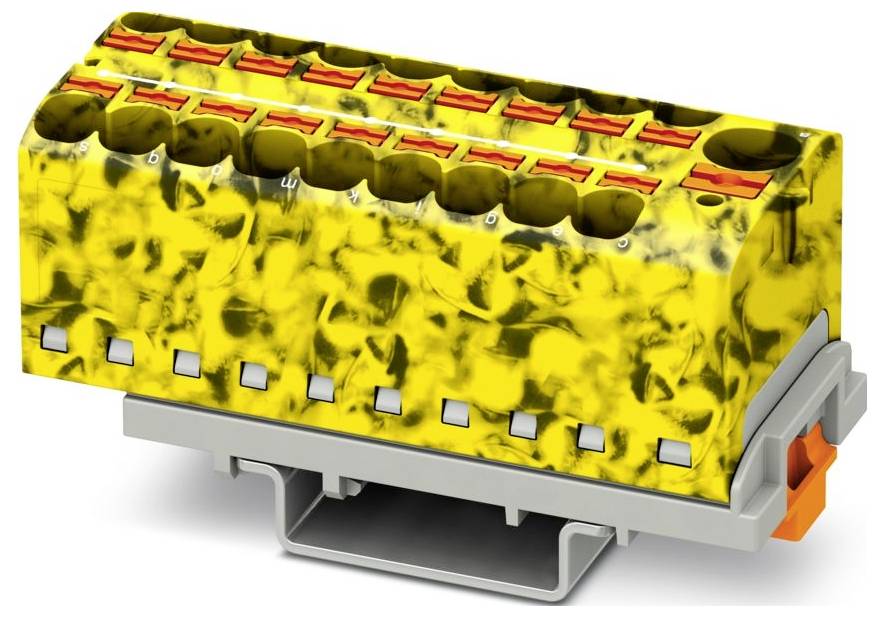 Ein kompaktes, rechteckiges gelbes Elektroklemmenblock mit mehreren Anschlußpunkten und einem orangefarbigen Entriegelungsmechanismus auf einer grauen Basis.
