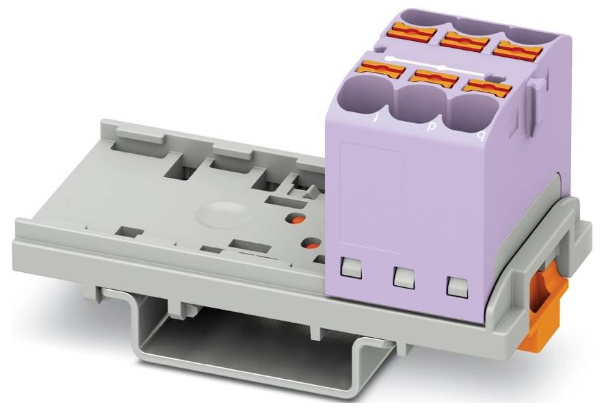 'Orange and purple electrical terminal block with multiple wire ports on a gray mounting base.'Oranges und lila Elektroklemmenblock mit mehreren Anschlussöffnungen auf einer grauen Befestigungsbasis.