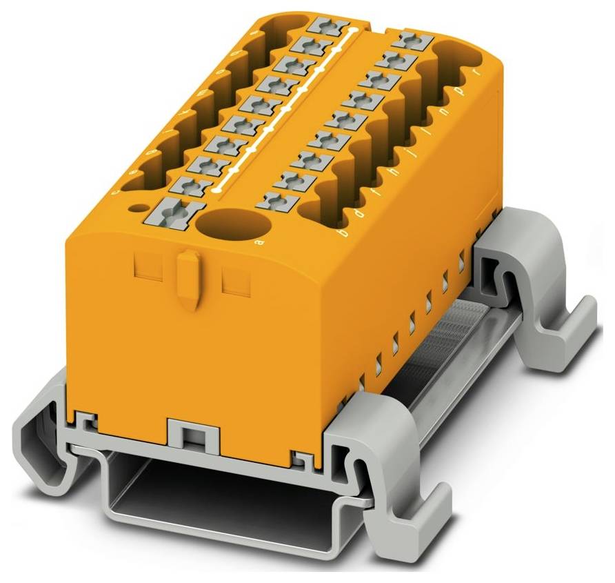 Ein orangefarbener elektrischer Steckverbinder mit mehreren Anschlüssen, der auf einer grauen Montagebasis sitzt und für industrielle Anwendungen konzipiert ist.