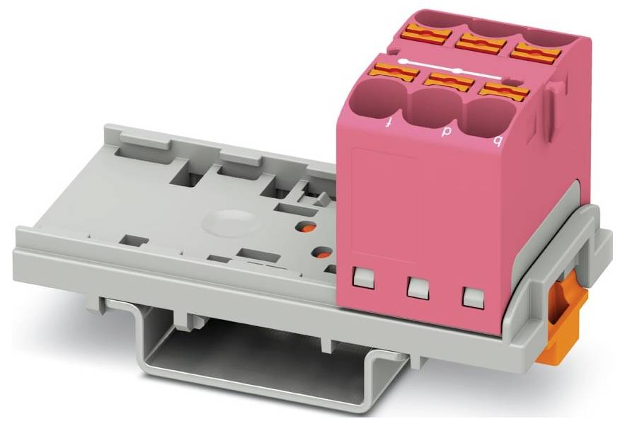 Ein rosa und grauer Elektrostecker mit sechs Schlitzen und orangefarbenen Hebeln, montiert auf einer grauen Basis, wird für sichere Drahtverbindungen verwendet.
