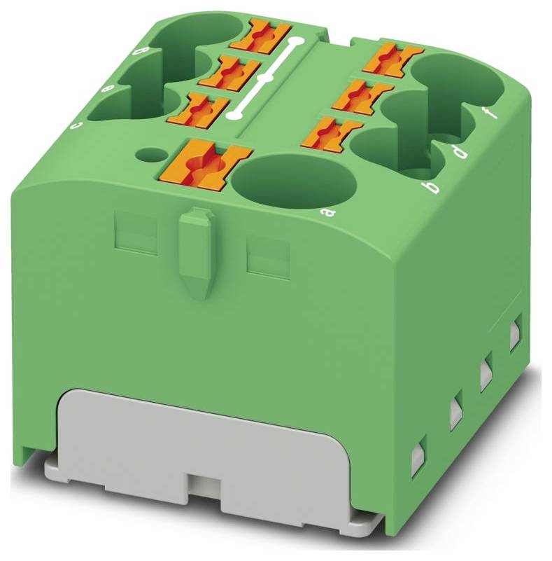 Ein grüner Reihenklemmenblock mit mehreren orangefarbenen Anschllusspunkten und beschrifteten Eingängen von 'a' bis 'd', die für elektrische Verbindungen verwendet werden.