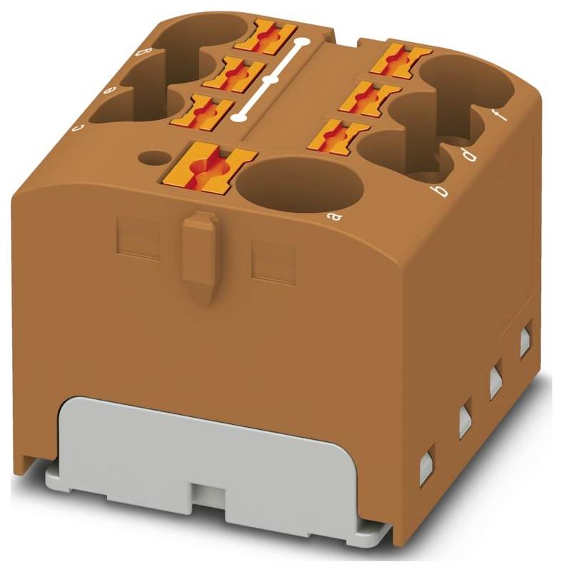 Ein braun-grauer elektrischer Steckverbinder mit mehreren Löchern und hervorgehobenen orangefarbenen Hebeln auf seiner Oberseite für Kabelverbindungen.