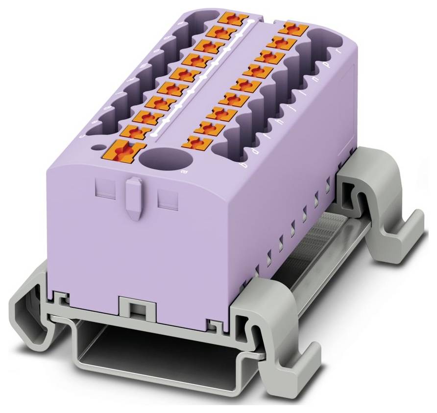 Ein violettes modulares Klemmenbrett mit mehreren orangefarbenen Anschlussöffnungen, montiert auf einer grauen DIN-Schiene zur Zusammenstellung von Stromkreisen.