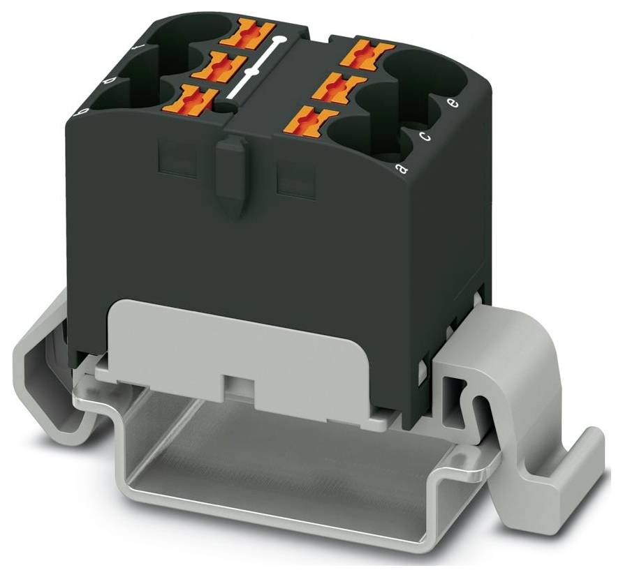 Ein schwarzes und graues Elektroklemmenblock mit orangen Anschlüssen, auf einer Metallschiene montiert, wird zum Verbinden und Sichern von Drähten verwendet.