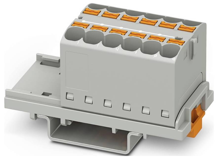 Ein rosafarbener elektronischer Stecker, der auf einer grauen Basis mit orangefarbenen Hebeln montiert ist und für sichere Drahtverbindungen in elektrischen Installationen verwendet wird.
