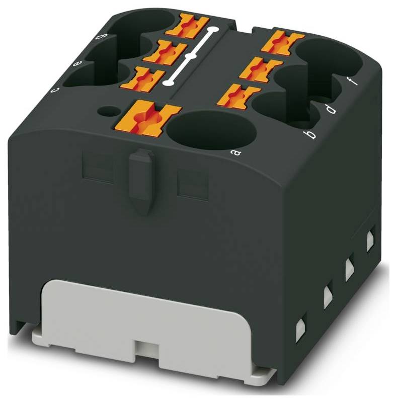 Ein schwarz-grauer Elektro-Klemmblock mit mehreren orangefarbenen Anschluss­punkten für Verdrahtungs­eingänge und -ausgänge.