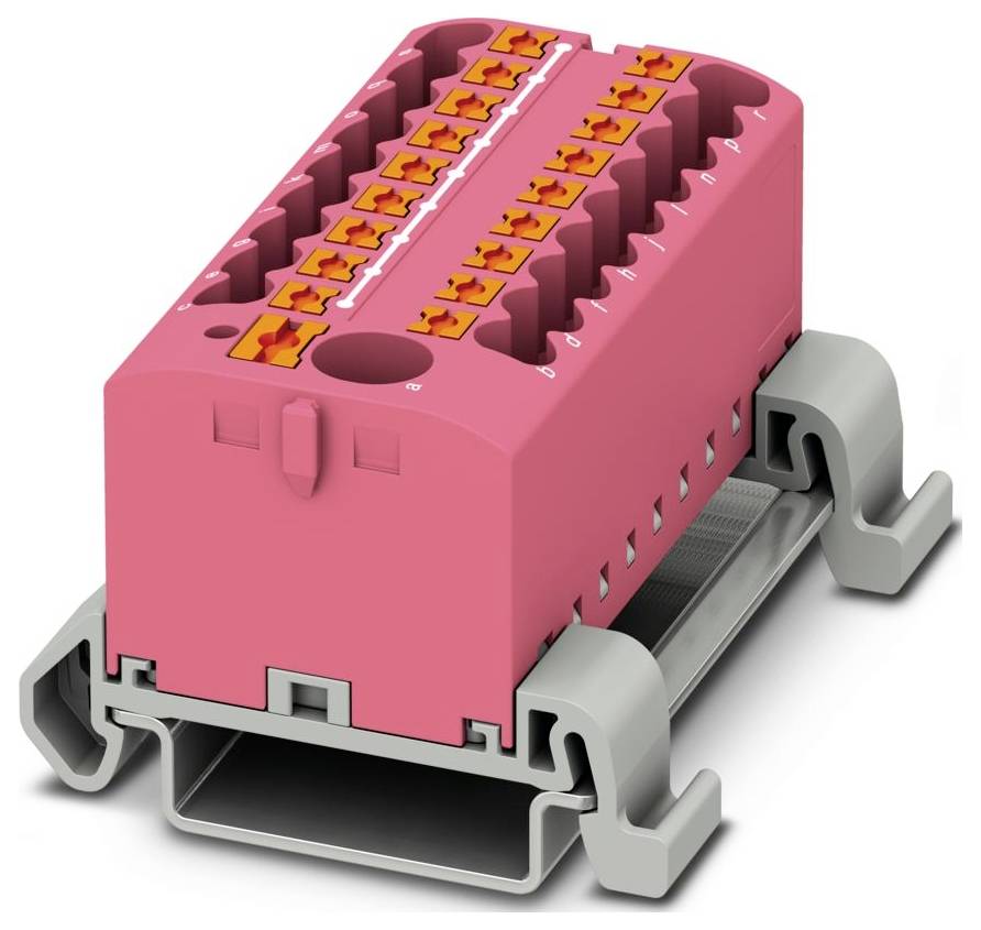 Ein rosafarbener modularer Stromverteilblock mit mehreren Anschlüssen, montiert auf einer grauen Schiene, der in Schaltschränken zur Verkabelung verwendet wird.