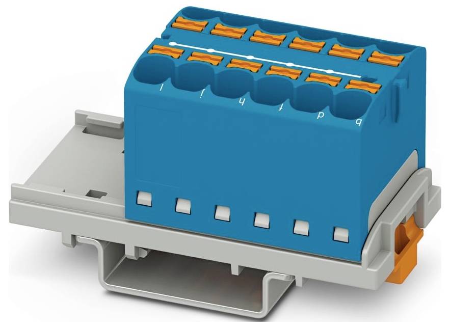 Ein blauer und orangefarbiger elektronischer Stecker mit beschrifteten Anschlüssen „a-q
