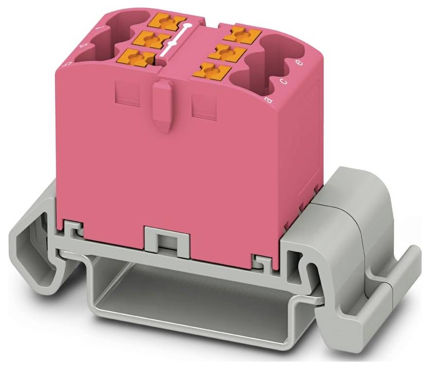 Ein rosa und grauer Klemmblock mit vier orangefarbenen Anschlüssen, der zum Sichern und Verbinden von Elektrokabeln verwendet wird.