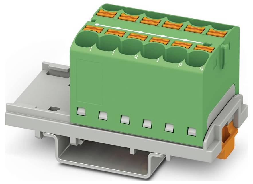 Eine grüne und orange elektrische Komponente mit mehreren Anschlussanschlüssen, montiert auf einer grauen Basis, möglicherweise zur Verwendung in der Leiterplattenbestückung.