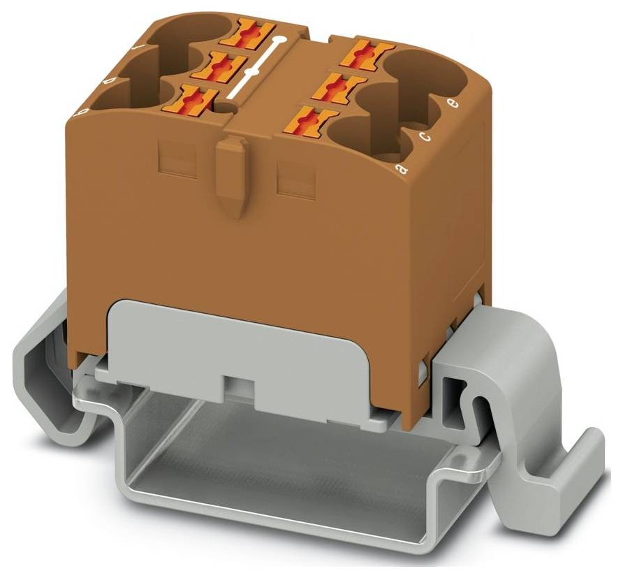 Klemmenleiste mit grauen und orangefarbenen Komponenten, konzipiert für elektrische Verbindungen, auf einer Schiene montiert für sichere Installation.