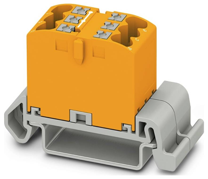 Ein schwarz-oranges Klemmleistenmodul auf einer grauen Hutschiene, verwendet für elektrische Verdrahtungsverbindungen, mit zehn sichtbaren Anschlussöffnungen.