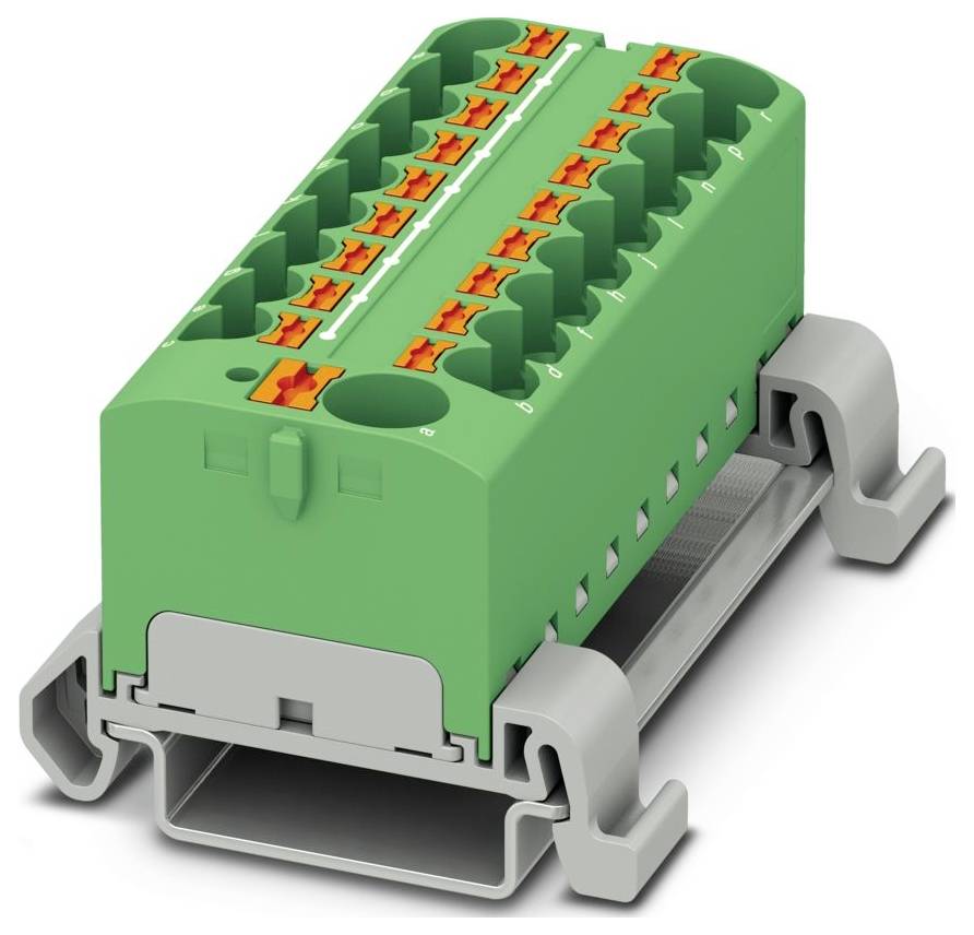 Ein orangefarbener Klemmblock mit mehreren Anschllusspunkten, entworfen für elektrische Verdrahtung, dargestellt in einer Perspektivansicht.