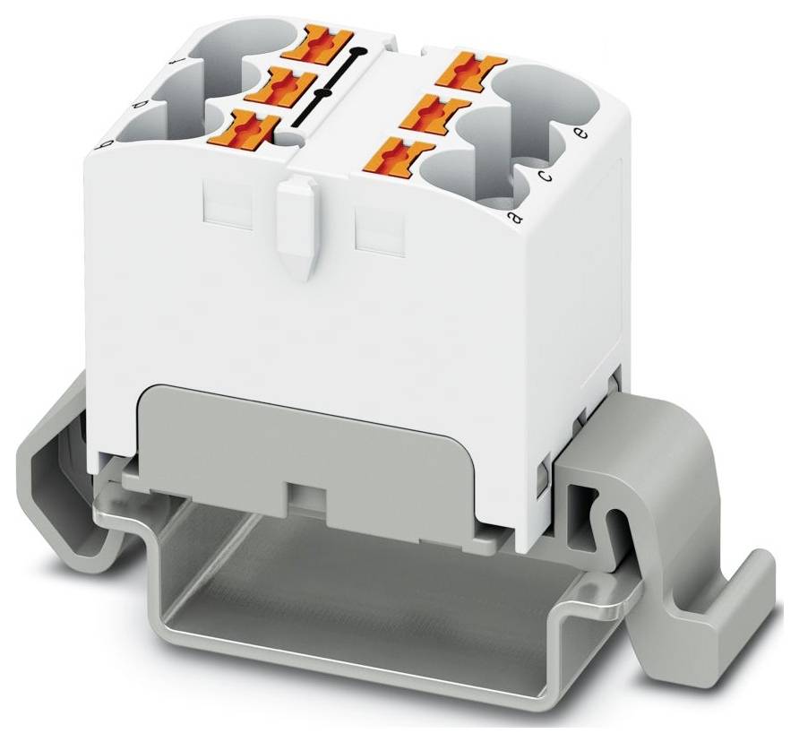 Ein orange-graues Elektroklemmleistenblock mit mehreren Anschlußpunkten, konzipiert zum Sichern und Organisieren von Elektrokabeln.