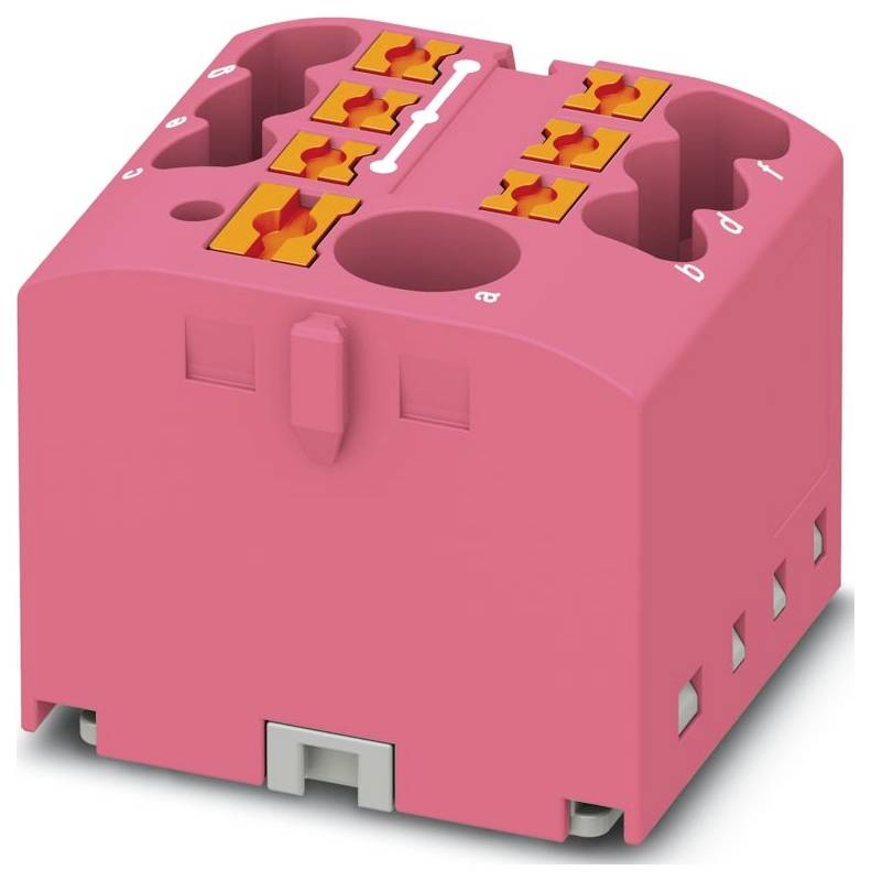 Eine rosa elektrische Relaisbasis mit mehreren orangefarbenen Anschlüssen und nummerierten Steckplätzen für die Verkabelung.