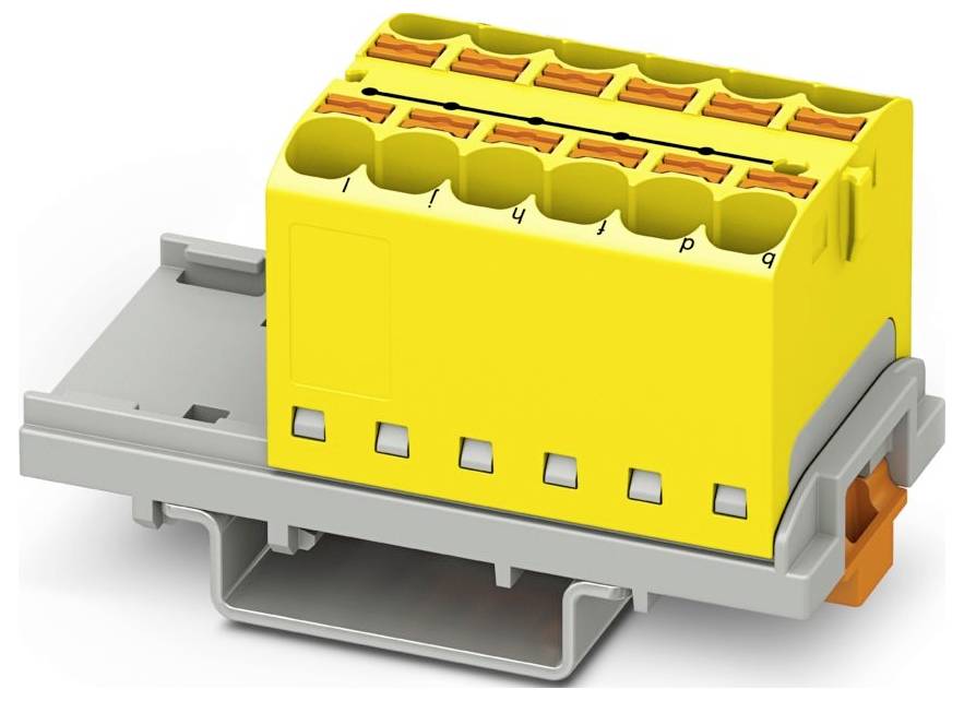 Ein gelber, modularer Klemmblock mit mehreren Anschlüssen, befestigt auf einer grauen Montagebasis, mit nummerierten Anschlüssen und orangefarbenen Hebeln.