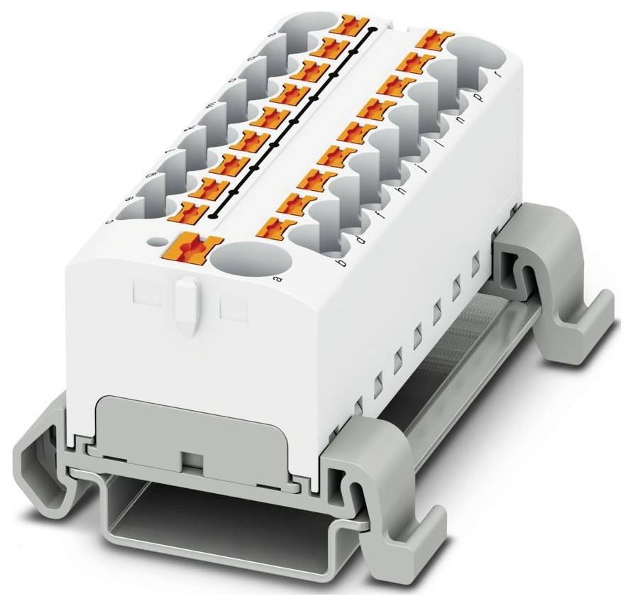 Ein weißes und graues elektrisches Anschlussleistenblock mit mehreren orangefarbenen Verbindungspunkten, was auf eine Einrichtung für mehrere Drahtverbindungen hinweist.