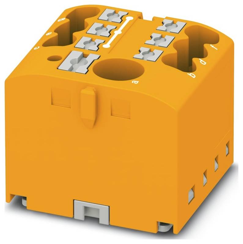 Ein brauner modularer Steckverbinder mit mehreren Steckplätzen und orangefarbenen Verriegelungen, der für elektrische Verbindungen verwendet wird.