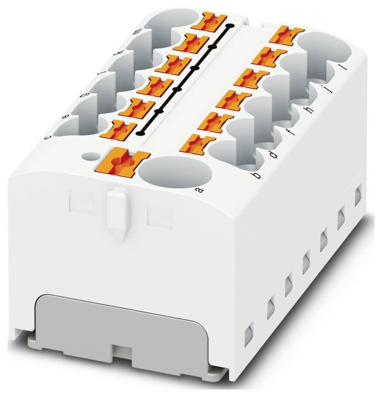 Ein weiß-orangefarbiger Elektroklemmenblock mit mehreren Anschlüssen, beschriftet von a bis e, wird zur Organisierung und Verbindung von Drähten verwendet.