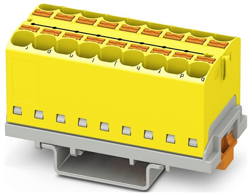 Ein gelb-grauer elektrischer Steckerblock mit mehreren Drahtanschlüssen, ausgestattet mit orangefarbenen Freigabetasten für einfache Verbindung und Trennung.