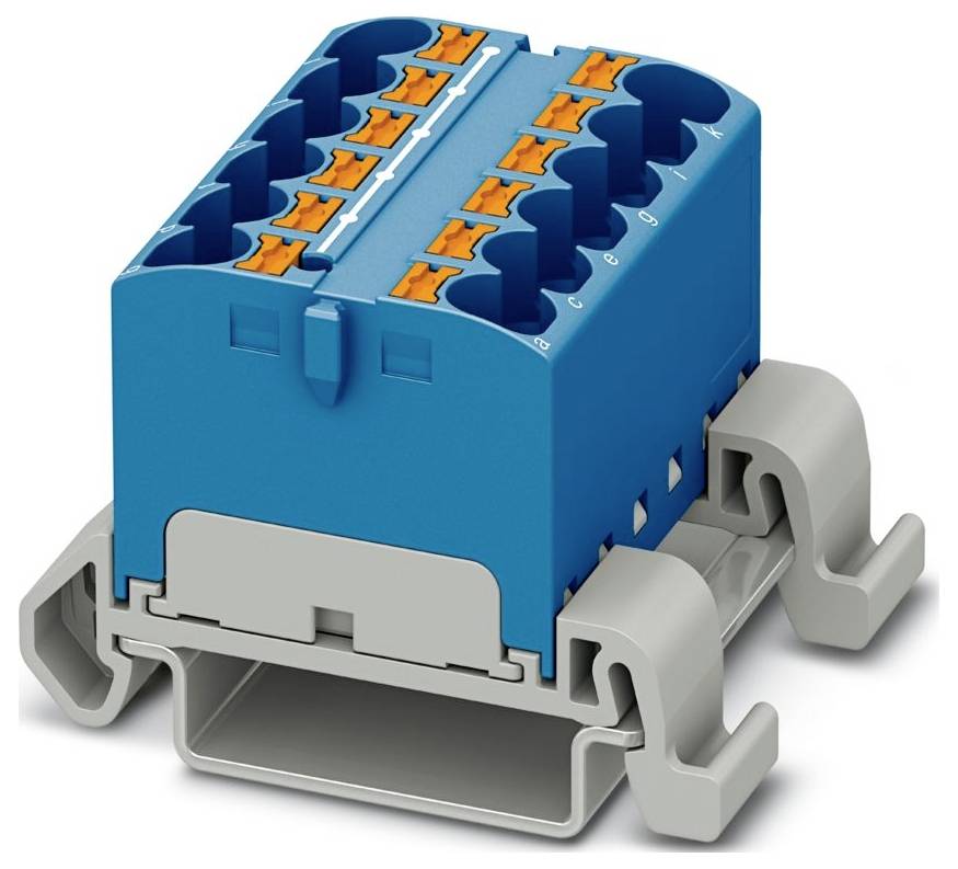 Ein blau-grauer Anschlussblock mit mehreren Verbindungspunkten und orangen Hebeln, der zur elektrischen Verdrahtung verwendet wird, aus schrägem Blickwinkel betrachtet.