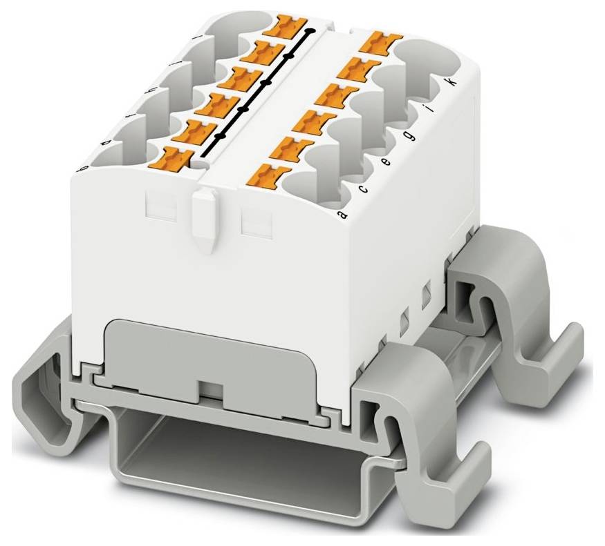 Ein violetter Elektrostecker mit mehreren orangefarbenen Anschlüssen, montiert auf einer grauen Basis, wird zum Sichern von Verdrahtungsverbindungen verwendet.
